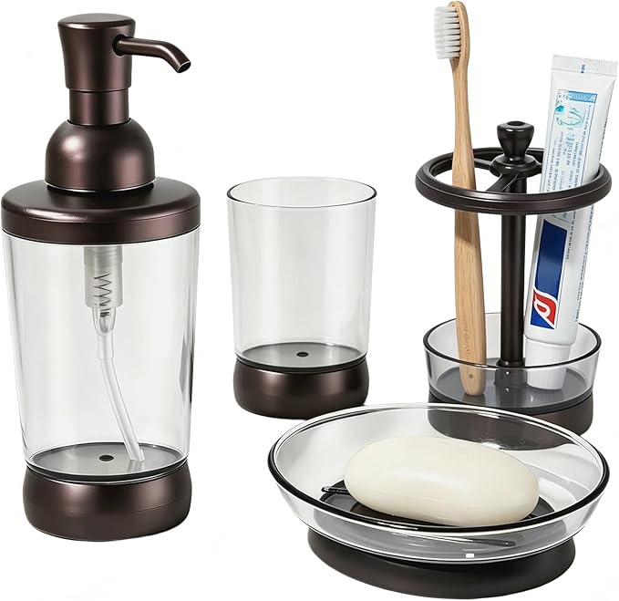 4 Piece Bathroom Accessories Set, Coffee Brown Bathroom Decor with Soap Dispenser, Toothbrush Holder, Mouthwash Cup & Soap Dish, Vintage Vanity Countertop Accessories for Home