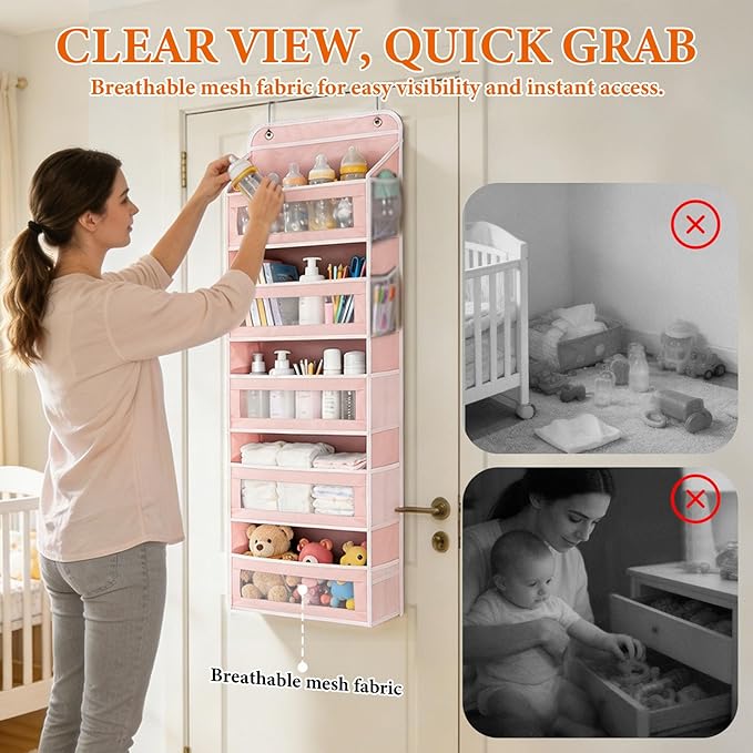 SWIND Over the Door Organizer 5-Tier, Heavy Duty Behind Door Storage, Anti-Tilt Capacity, Door Hanging Organizer with Clear Window for Closet, Bathroom, Nursery, Bedroom, Pantry, Shoe Diaper (Pink)
