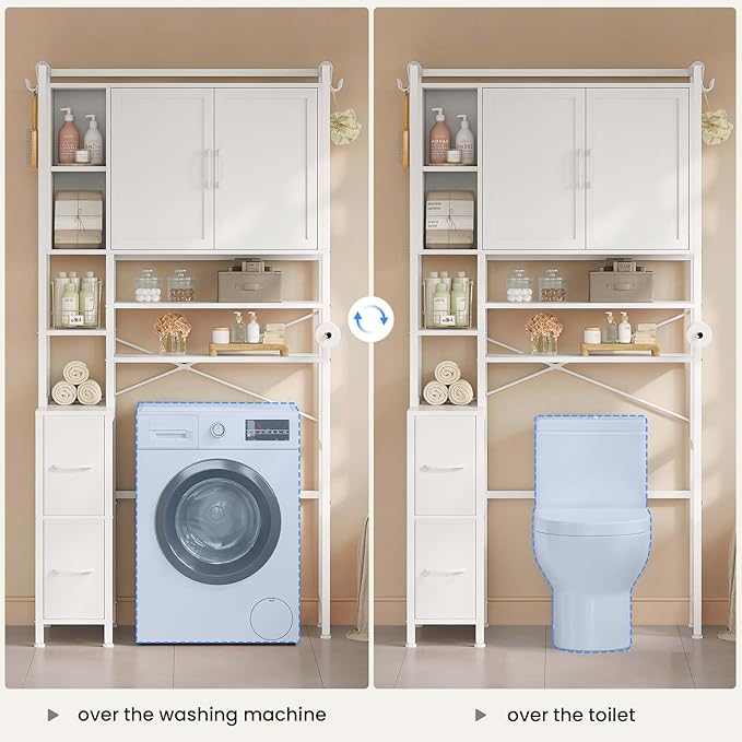 7-Tier Over the Toilet Storage Cabinet with 2 Large Drawers & 6 Hooks, Over the Toilet Storage with Toilet Paper Holder, Bathroom Over Toilet Storage for Bathroom, Laundry Room, White