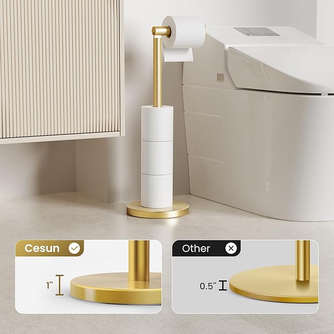 Cesun Extra Weighted Base Toilet Paper Holder Stand - SUS304 Rust Proof Free Standing Tissue Roll Holder for 4 Rolls, No Tipping, No Slipping, Gold
