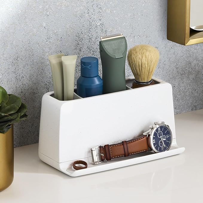 YouCopia The Ledge Toothbrush Holder, 3-Slot, Bathroom Vanity Counter Organizer with Cord Slots, Removable Base and Storage for Phones, Toothpaste and Accessories