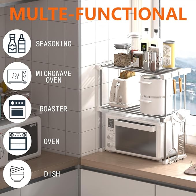 BLULEE Dual-Adjustable Cabinet Organizer Shelf,Expandable Width & Height Stackable Spice Rack with Snap-Lock,2-Tier Kitchen Organization and Storage for Under Sink,Countertop,Pantry,White,1Pack