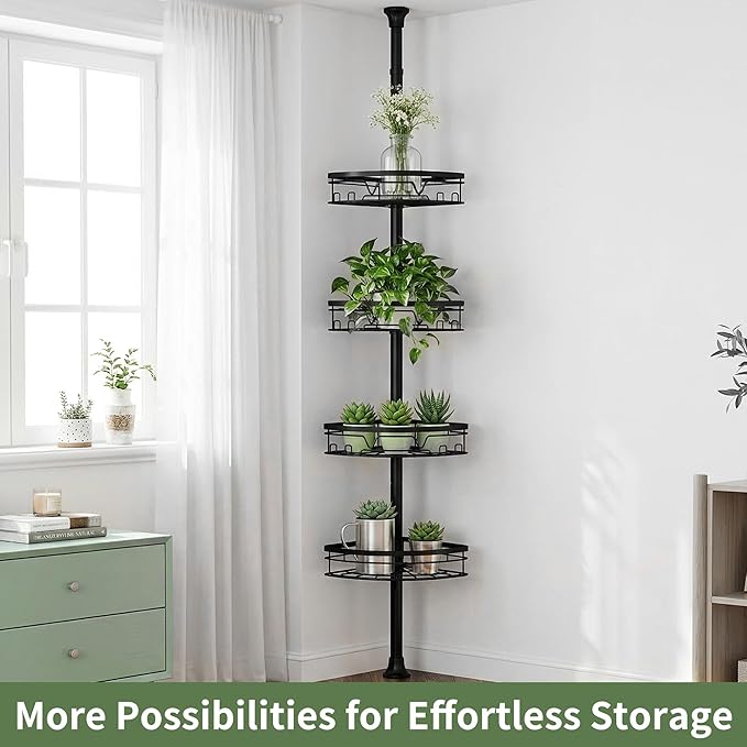KEGII Corner Shower Caddy Tension Pole, 4-Tier Large Capacity Shower Shelves, Adjustable 52-114.2 Inch No-Drill Rustproof Corner Bathroom Organizer with Towel Bar, Hooks & Razor Holder, Black