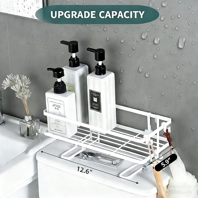 Over The Toilet Storage Rack- Bathroom Organizer Shelf, 2-Tier Floating Shelves with Hooks, No-Drill, Toilet Paper Holder for Restroom Bathroom Vanity Kitchen (White, 1 Tier)