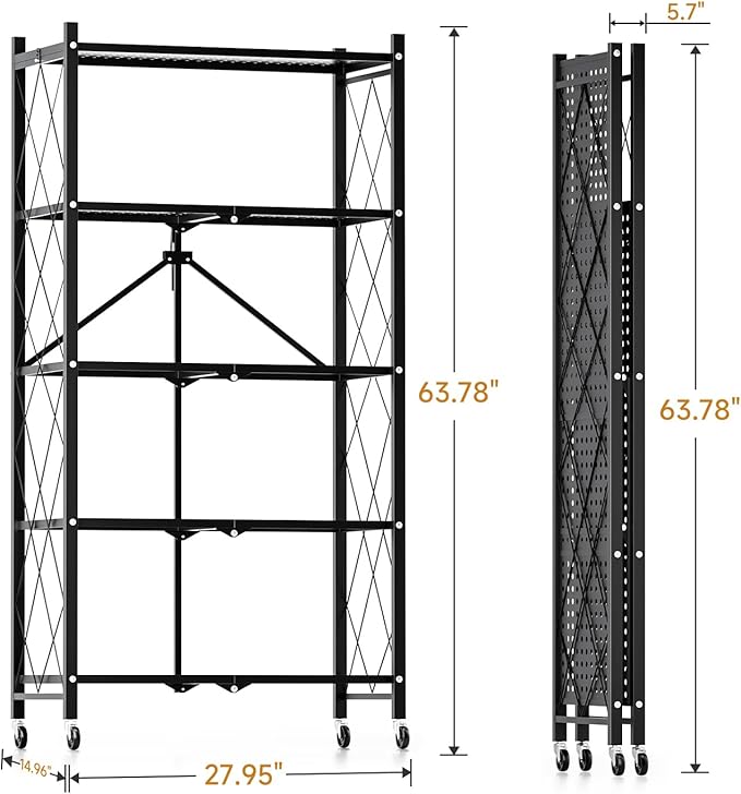 HealSmart Heavy Duty 5-Tier Foldable Metal Rack, 27.95" D x 14.96" W x 63.78" H Storage Shelving Unit 1250 lbs with Wheels Moving Organizer Shelves for Garage Kitchen, Black, 2 Pack