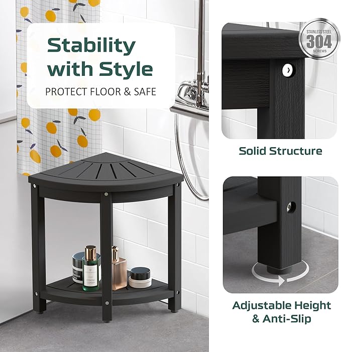 Waterproof Corner Shower Stool for Inside Shower, Poly Lumber Shower Bench Seat Chair, Bath Shower Stool for Shaving Legs Foot Rest with Storage Shelf, Adjustable & Non-Slip Feet, Black