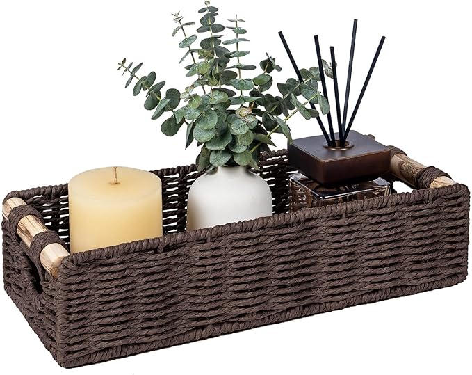 CubesLand Back of Toilet Storage Basket for Organizing w/Cut Out Handle, Handwoven Toilet Tank Top Paper Baskets, Wicker Decorative Basket for Countertop, Home Decor, Living Room, Nursery, Brown