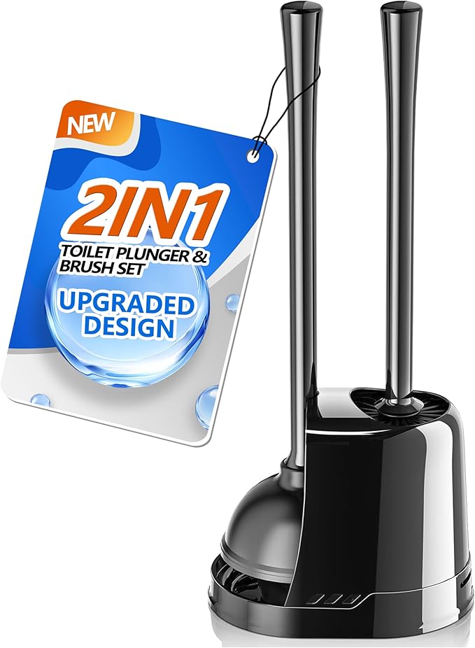 LOVLOY Toilet Plunger and Brush, Bowl Brush and Heavy Duty Toilet Plunger Set with Ventilated Holder, 2-in-1 Toilet Brush and Plunger Combo for 5.3-inch Toilet Drain Bathroom Cleaning (Black)