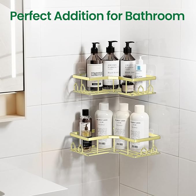 Adhesive Shower Caddy, 6 Pack Corner Bath Organizer, Rustproof Stainless Steel Shower Shelves with Large Capacity, No Drilling Shelves for Bathroom Storage, Home, Kitchen Décor(Gold)