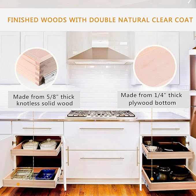 Mulush 26''W x 21''D x 3''H Pull Out Cabinet Drawer Soft Close Slide Out Wood Organizer for Kitchen, Finished, Bottom and Side Assembly (Wood Drawer Part Width is 25inch)