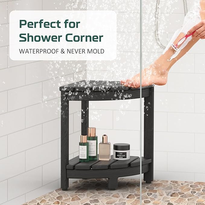 Corner Shower Stool for Inside Shower, HDPE Waterproof Shower Bench Seat Chair, Plastic Bath Shower Stool for Shaving Legs Foot Rest with Storage Shelf, Adjustable & Non-Slip Feet, Black