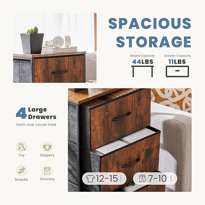 DUMOS Nightstand with 4 Drawers Bedside Table with Removable Fabric Bins Sturdy Steel Frame Wood Top Organizer Furniture for Bedroom Closet Living Room