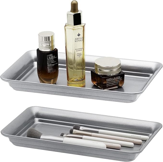 Vintage Farmhouse Decor Metal Vanity Tray (1 Pack),Countertop Guest Hand Towel Storage Organizer Tray Dispenser, Sturdy Holder for Perfume, Cosmetics, Jewelry, Makeup Bathroom Organizer (Silver)