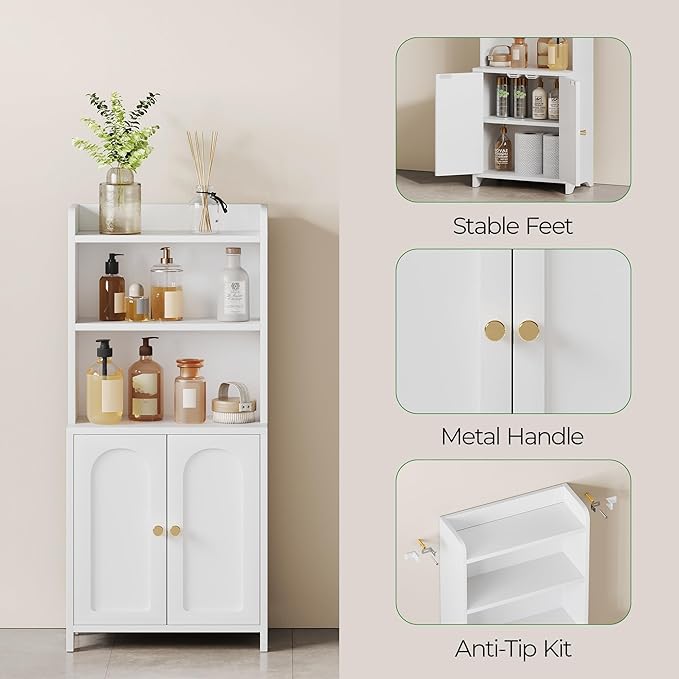 Bathroom Cabinet with 2 Doors, Small Freestanding Storage Cabinet with Adjustable Shelf, Slim Bathroom Organizers, Floor Cabinet for Small Spaces, Bathroom, 7.9" D x 14.7" W x 32" H, White