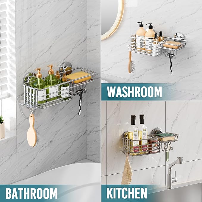 TAILI Shower Caddy with Suction Cups, Wall Mounted Organizer for Small Bathrooms, Kitchen, Removable Drill-Free Heavy Duty Shelf Basket, Silver