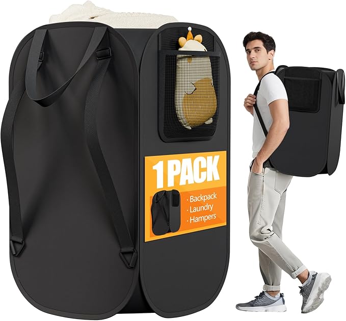 House Again Collapsible Laundry Backpack - 76L Heavy Duty Laundry Hamper, 210D Oxford Cloth with Mesh Pocket & Sturdy Adjustable Shoulder Straps,Easy to Open and Fold for College,Travel and Apartment