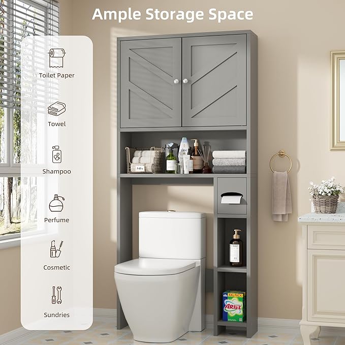 Shintenchi Over the Toilet Storage Cabinet, Bathroom Storage Cabient with Barn Doors, Bathroom Storage Shelf Organizer with Toilet Paper Holder, Adjustable Shelf and Anti-Tip Device, Gray