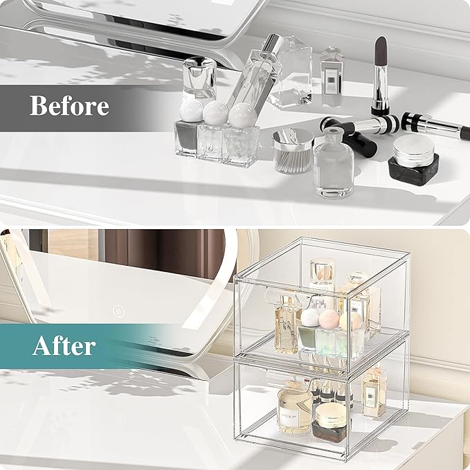 SpaceHacks 6 Pack Stackable Makeup Organizer and Storage, Acrylic Organizers，Clear Plastic Storage Drawer with Pull-Out Handles for Vanity, Undersink, Kitchen Cabinets, Pantry