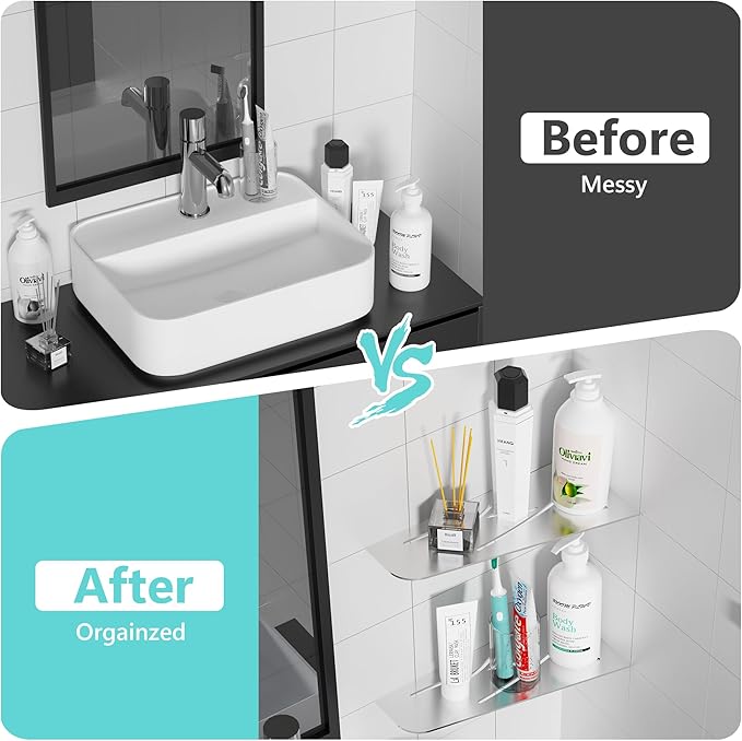 Qeke Shower Corner Shelf 304 Stainless Steel 12" Corner Shelf Bathroom Shampoo Holder for Shower Floating Corner Shelf for Wall, No Drilling, Brushed Nickle, 2Pack