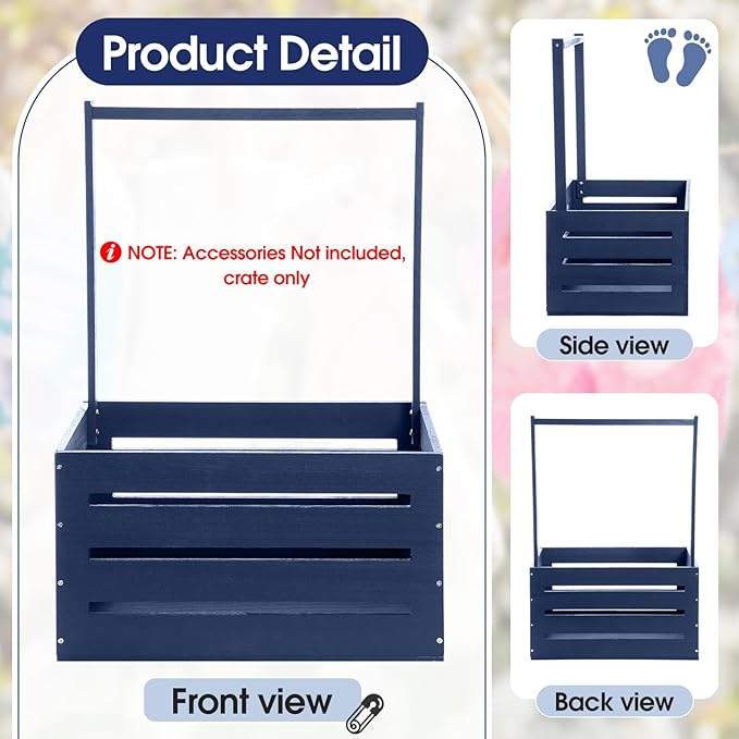 Suzile Wooden Baby Shower Crate Closet Wood Basket for Gifts with Handle Boy Girl Clothes Gender Reveal Storage Box for Newborn New Parent(Navy Blue)