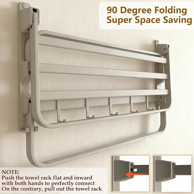 24in Towel Racks Shelf for Bathroom, Foldable Wall Mounted Towel Storage with 2 Towel Bar 9 Hook, Modern Rustproof Towel Holder with Shelves, Towel Hanger for Hotel Restroom RV Gym,Milky White