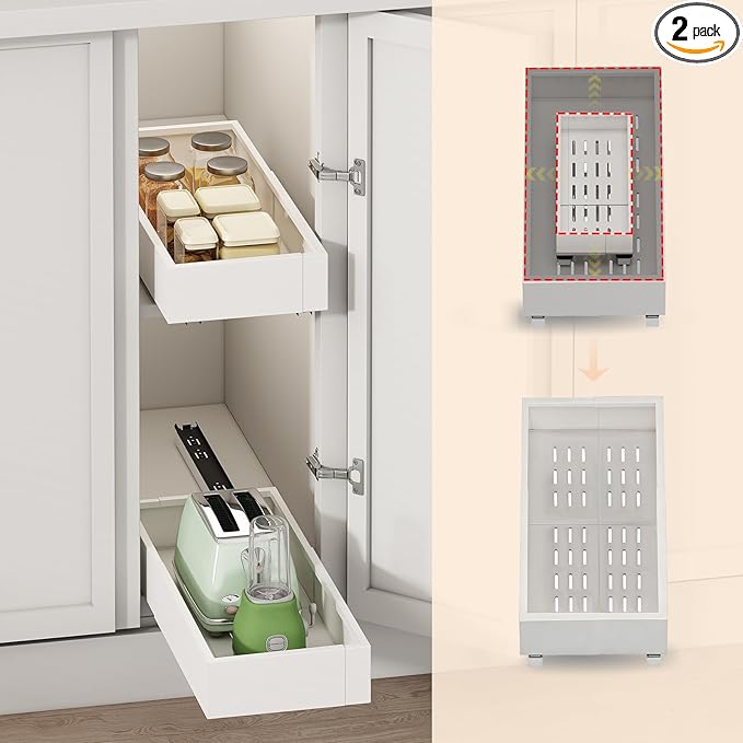 2Pc Pull out Cabinet Organizer,Width (7"-11") and Depth(17"-24"),Expandable,Cabinet Roll out Drawers,Adjustable Slide out shelves for Kitchen and Pantry,for Cabinets Without Lip,White