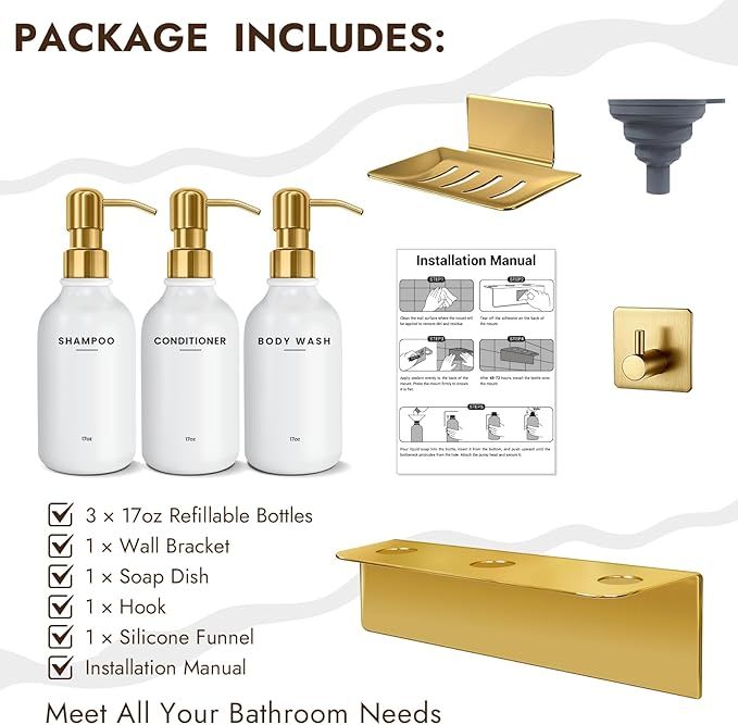 KOUCHU Shampoo and Conditioner Dispenser Set - Wall Mounted Shower Soap Dispenser - 17oz No-Drill Refillable Plastic Pump Bottles for Bathroom Kitchen - Includes Soap Dish and Hook (Gold)