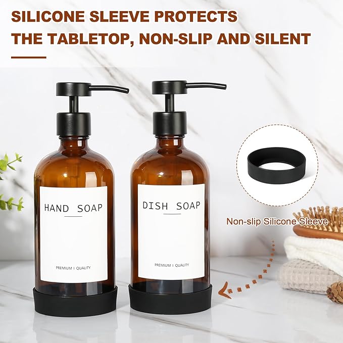 RYTOXILO Hand Soap Dispenser for Bathroom 2 Pack, Amber Glass Soap Dispenser with Stainless Steel Pump, 16.9 Fl oz Hand and Dish Soap Dispensers Set Kitchen, Modern Brown Soap Lotion Dispensers Bottle