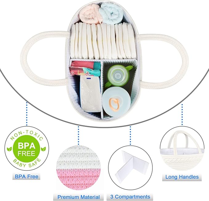 ABenkle Diaper Caddy Organizer, Boho Rustic Cotton Rope Nursery Baby Basket, Changing Table Organizer for Baby Diaper Storage and Baby Shower