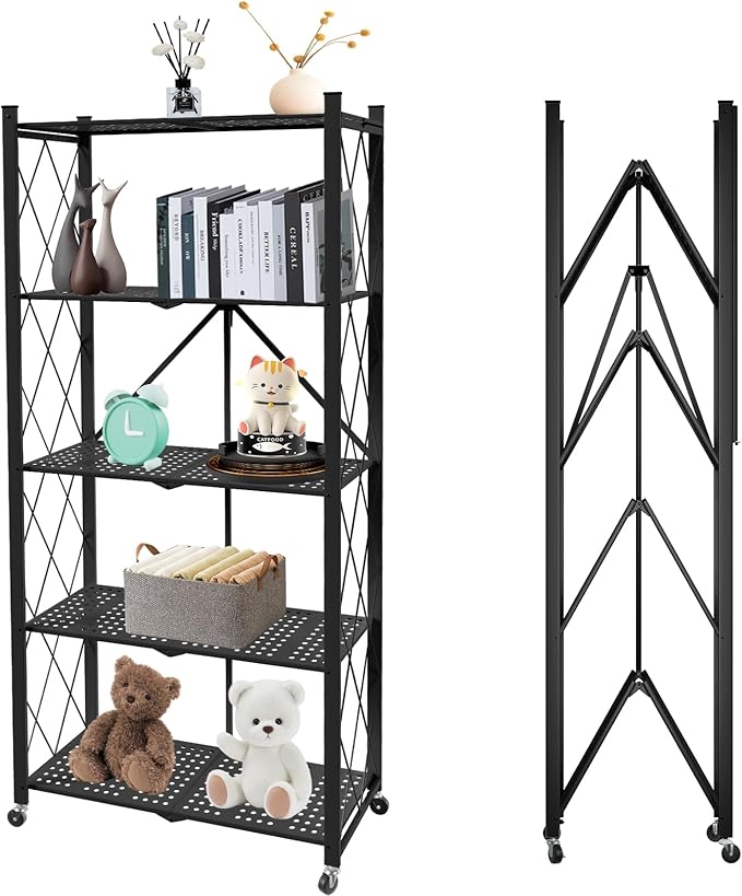 5 Tier Folding Shelf with Wheels,Metal Steel Collapsible Shelves,No Assembly Portable Shelves Organizer Rack,Rolling Standing Utility Rack for Kitchen, Pantry, Office, Black