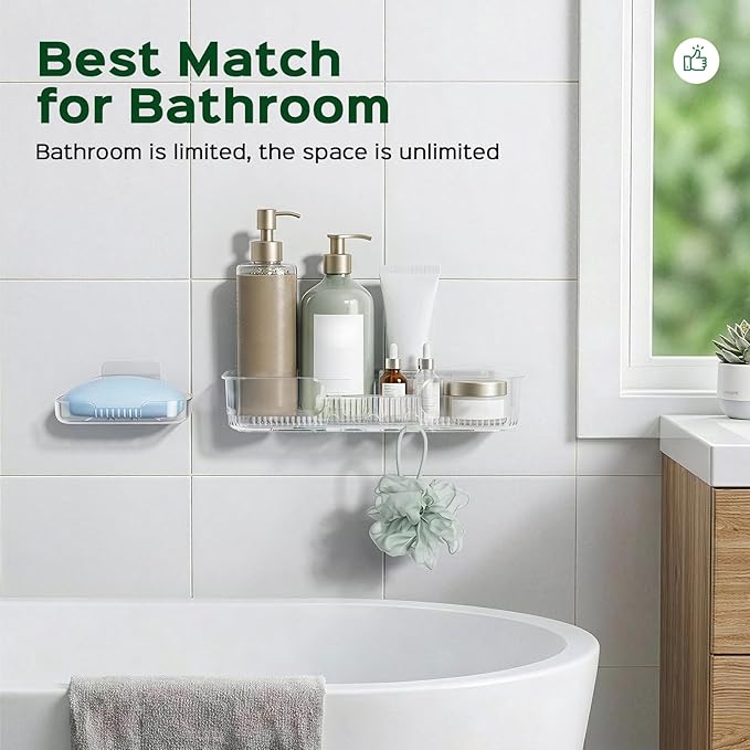 HAMITOR Adhesive Shower Caddy for bathroom：2 Pack Clear Bath Shelves No Drilling for Modern Renters & Home Decor - Rustproof Acrylic Shower Organizer for Bathroom Storage