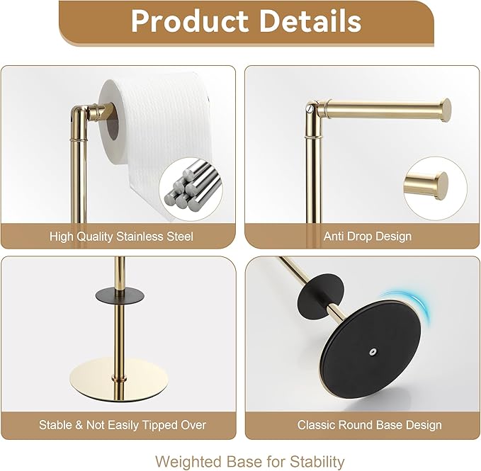 BGL Freestanding Toilet Paper Holder, Tissue Holder On Floor with Reserve Storage Paper Rolls, Roll Paper Holder Standing On Floor (Polished Gold)