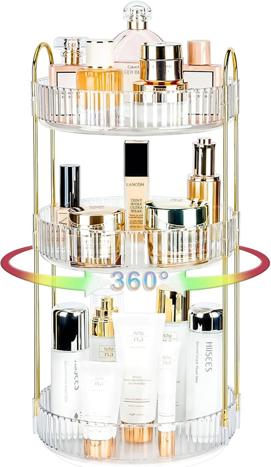 360 Rotating Makeup Organizer, 3 Tier Large Capacity Lazy Susan Bathroom Counter Organizer, Skincare Organizers, Spinning Perfume Organizer & Vanity Organizer Countertop (Golden Clear, 3 Tier)