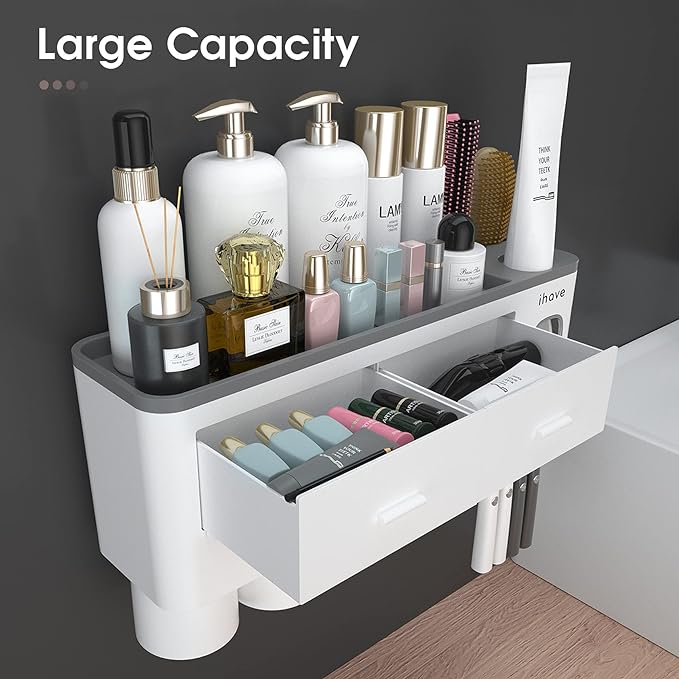 iHave Toothbrush Holders for Bathrooms, 4 Cups Toothbrush Holder Wall Mounted with Toothpaste Dispenser - Large Capacity Tray, 2 Cosmetic Drawer - Bathroom Organizer & Bathroom Accessories Set