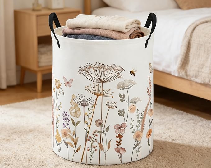 ESSME Kids Laundry Basket,Flower Hamper Collapsible Canvas Waterproof Storage Bin for Girls, Cute Hamper,Gift Baskets(Flower cluster)
