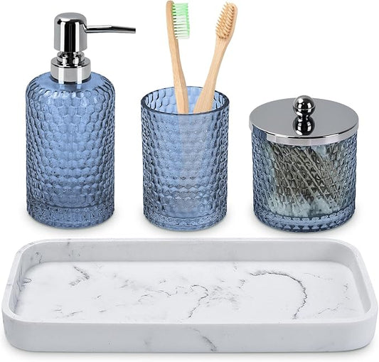 Bathroom Accessories Set,4 Pcs Blue Glass Bathroom Accessories Sets-Lotion Soap Dispenser,Toothbrush Holder,Qtip Holder Dispenser & Resin Vanity Tray,Countertop Vanity Organizer,Blue