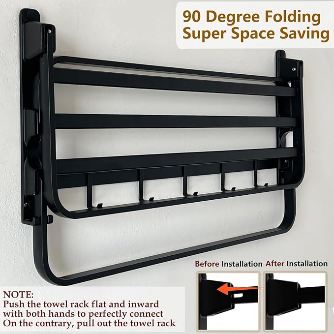 24in Towel Racks Shelf for Bathroom, Foldable Wall Mounted Towel Storage with 2 Towel Bar 9 Hook, Modern Rustproof Towel Holder with Shelves, Towel Hanger for Hotel Dorm Restroom RV Gym, Black