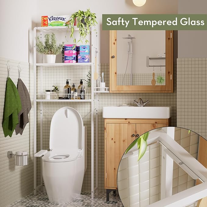 SAYGOER Glass Over the Toilet Shelf, 3-Tier Over-The-Toilet Storage Rack, Adjustable Shelf Bathroom Organizer, White Space Saving Shelves