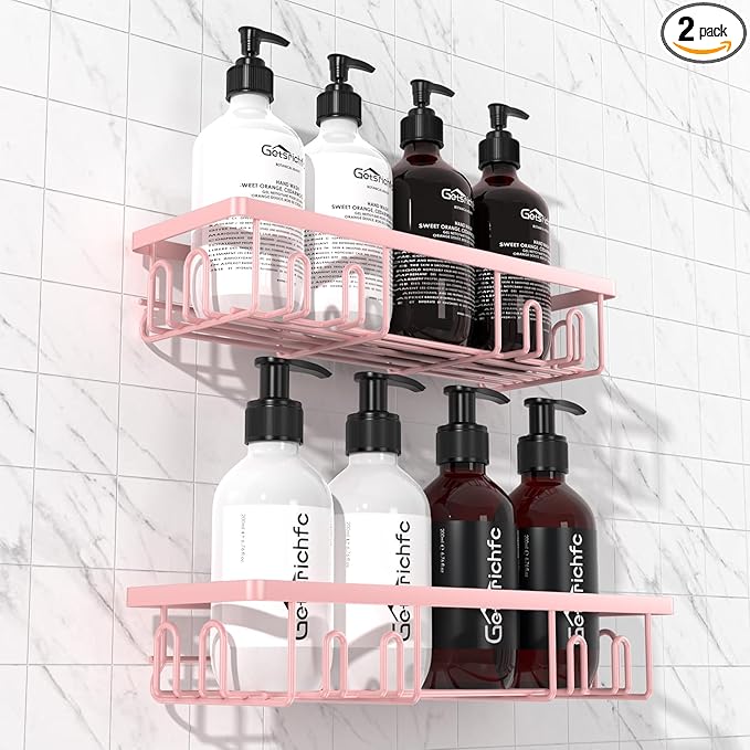 Getsrichfc Shower Caddy Adhesive, Rustproof Shower Shelves for Inside Shower, Large Capacity Bathroom Organizers and Storage, Shower Storage with Removable Hooks, No Drill Bathroom Accessories Pink