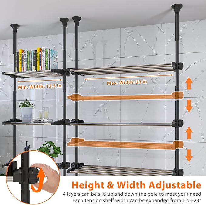 4-Tier Over The Toilet Storage Shelf, 4.5-9.5 FT Adjustable Bathroom Organizer, Heavy Duty Metal Shelves Above Behind Toilet Laundry, Space-Saving Shelving for Small Rooms, No Drill Tenant Friendly