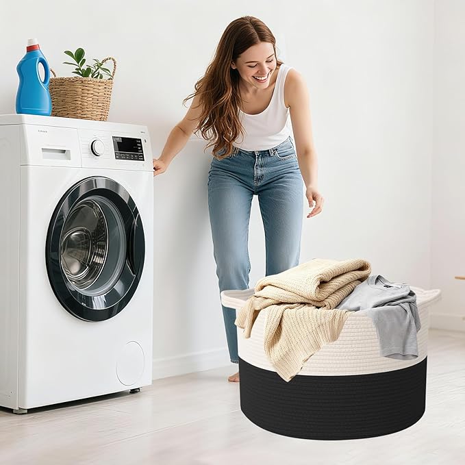 115L Extra Large Blanket Basket,Woven Rope Laundry Basket Hamper with Handles, Decorative Nursery Basket Storage Bin for Toys, Clothes Organizer, Living Room, Bedroom, Bathroom, White&Black