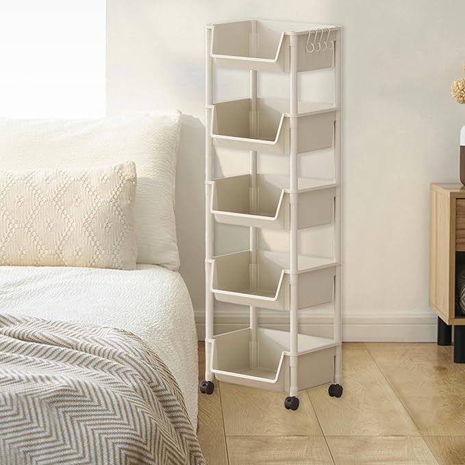 5-Tier Rolling Storage Rack with Wheels Shelves Shelf Storage Plastic Storages Shelving Shelf Rack Kitchen Storages Rack for Living Room Office Bathroom Garage Storage Shelves forfor Women