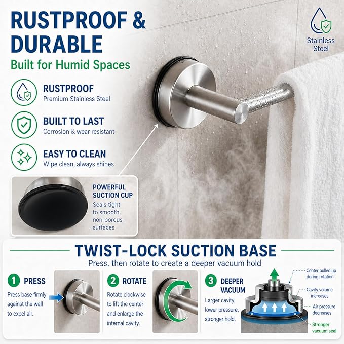 Bathroom Towel Rack, Brushed Nickel Stainless Steel No Drill Towel Holder for Bathroom Adjustable Wall Mounted Towel Rack for Shower Kitchen RV Smooth Tile Glass Mirror and Metal
