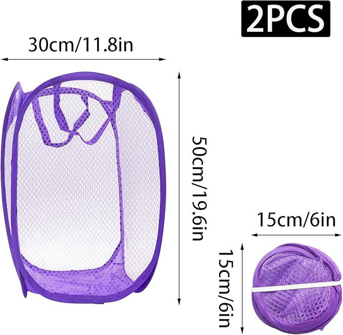 2Pcs Small Laundry Hampers, Folding Popup Mesh Laundry Basket, Collapsible Dirty Clothes Hamper, Portable Mesh Popup Hamper, Ideal for Bedroom, Travel and Home Use (Purple & Blue)