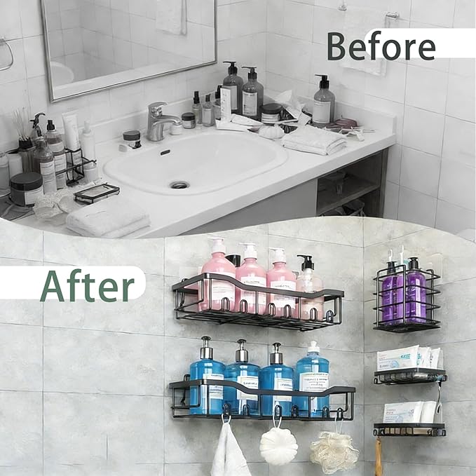 Durable Rustproof Shower Caddy 5 Pack, Stainless Steel Bathroom Storage Accessories, No Drilling Adhesive Shower Organizer, Hanging Bathroom Rack Shelves with Soap Razor Holder Set, Black