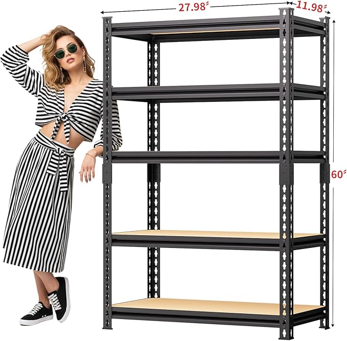 5-Tier Metal Storage Shelves, Adjustable Shelving Units, Boltless Assembly, Black, 27.88 x 11.88 x 60 Inch, for Warehouse Garage Shed Basement (60H*27.98W*11.98D)