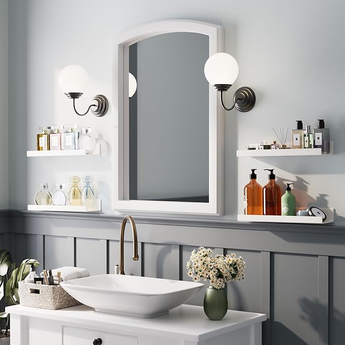 Albumgit 2 Pack Acrylic Shelves for Wall Storage, Self-Adhesive 15" White Floating Shelf for Figures, Photo, Makeup, Book, Wall Mounted Shelves for Bathroom, Living Room, Bedroom, Kitchen