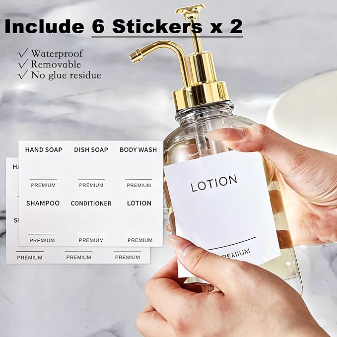 12oz Dish Soap Dispenser for Kitchen, Hand Glass Soap Dispenser Set with Pump, Tray, Funnel for Bathroom, Shower, Laundry, Liquid, Lotion (Gold 2 Pack Clear Bottles with 12 Stickers)