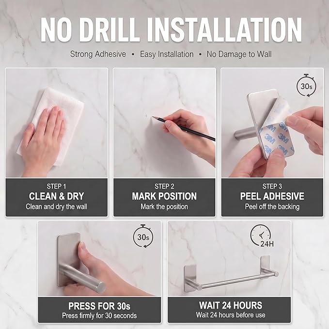 Adhesive Towel Bar 9-inch, Stick On Bath Towel Rack, Hand Towel Holders, No Drilling on Wall - Brushed Nickle