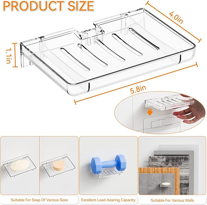 SUOXING 2 Pack Bar Soap Holder for Shower Wall,Self Draining Adhesive Soap Holder,Rustproof Wall Mounted Acrylic Shower Soap Rack & Caddy for Bathroom,Bath,Kitchen,No Drilling PlasticSoap Shelf,Clear